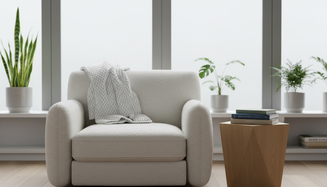 A carefully arranged living room setup featuring a plush, neutral-toned armchair with a soft wool throw draped over the back and a stack of hardcover books on a modern oak side table. The setting is in front of tall, frosted windows allowing tranquil, diffused daylight to gently illuminate the scene, creating subtle highlights on the textiles and wood grain. Potted greenery rests in the background on minimalist shelving, adding warmth and life without distraction. Photographed from an eye-level perspective with a balanced, centered composition, the mood is calm, inviting, and comforting, harmonizing with the clean, modern aesthetic suitable for a professional home care site emphasizing a sense of peace and stability.