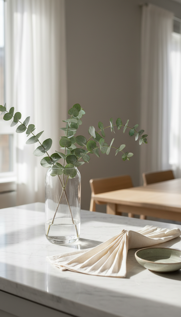 A sleek glass vase with fresh eucalyptus stems sits on top of a polished stone countertop, adjacent to a precision-folded linen napkin and an elegant ceramic dish. This vignette is positioned in a serene, sunlit dining area, where soft midday light streams in from a nearby window, casting fine, natural shadows and enhancing the delicate textures of the linens and leaves. Captured with sharp focus, neutral background tones, and structured composition, the mood is restful and welcoming, embodying clarity and order fitting for a website dedicated to supportive, in-home wellness care.