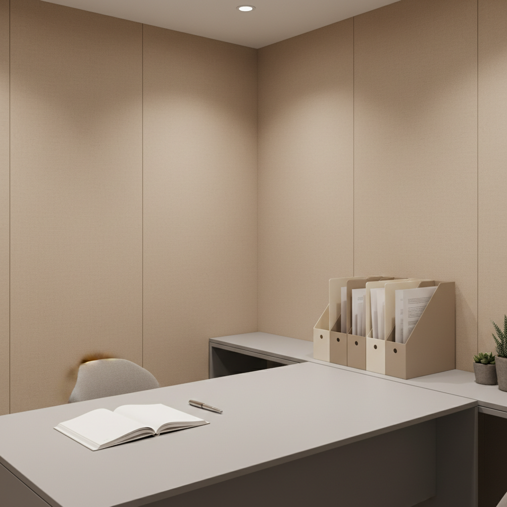 A minimalist office workspace featuring a matte-finish light gray desk with an open notebook, a smooth, modern pen, and a neatly organized folder system. The workspace is surrounded by softly textured walls in warm beige and is illuminated by diffused overhead lighting that gently envelopes the entire scene, reducing harsh shadows. Framed in a balanced, slightly elevated composition with sharp focus and clean lines, the mood is organized and trustworthy, creating a corporate yet inviting aesthetic ideal for communicating custom care planning and consultation services.